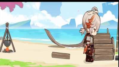 Kazuha casually sings while building his b o a t