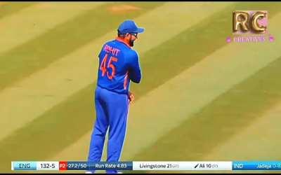 Rohit Sharma adjusting his dislocated shoulder on field