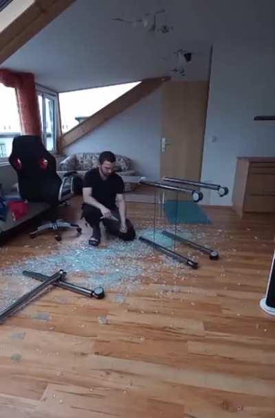 This is why you don't get glass desks. Also anybody else feel like this is faked