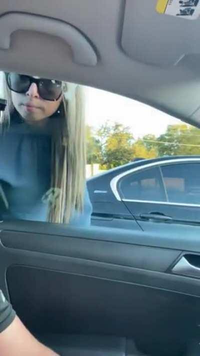 This lady got pissed because I honked when she almost hit my car, proceeded to brake check me 3 times, cut me off sideways, spit on my car, and do this…