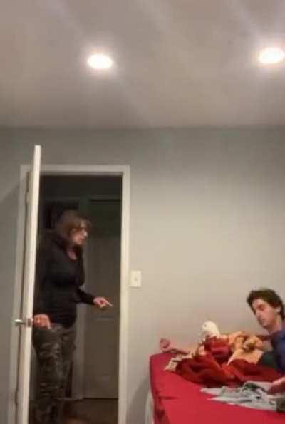 Sneaking her in your moms house but she can’t keep quiet so your mom walks in