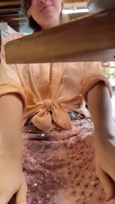 Drinking coffee and flashing