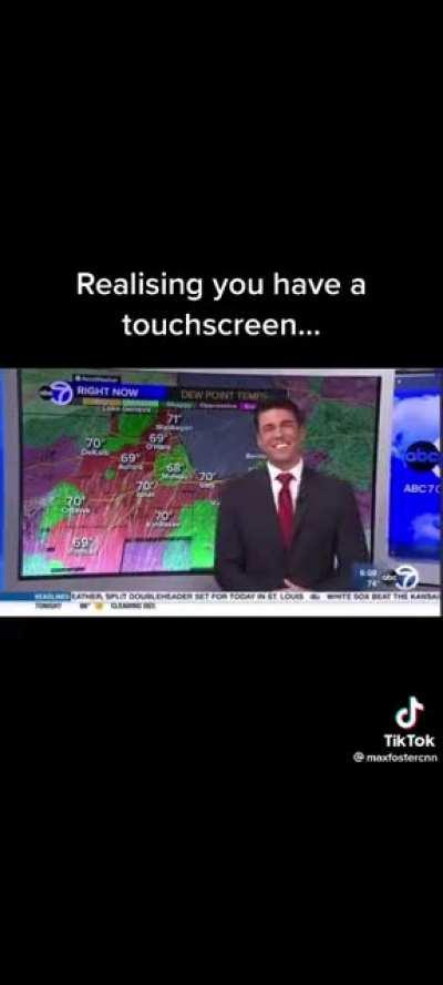 Weatherman finds out he has a touchscreen live on air and him and his buddy starts playing with it