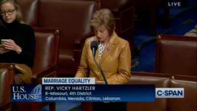 Rep Vicky Hartzler (who’s pro Anti-Gay marriage) says her priority is “protecting” people who believe in the true meaning of marriage. She starts to cry while she asks for her colleagues to vote against marriage equality. The House just passed same sex ma