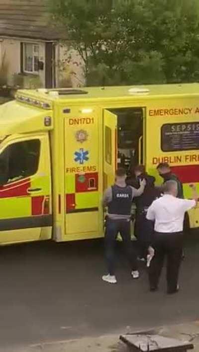 Video footage of two wounded Gardaí being carried to ambulance tonight in Blanchardstown.