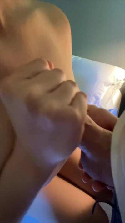 Holding his balls so I can feel them pumping all his cum out onto my tits ☺️