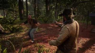 In the mission[Chapter 3] where you track Bounty hunters to rescue Trelawny, there's a hidden badass cutscene with Arthur that happens only when you shoot one of them instead of beating them.