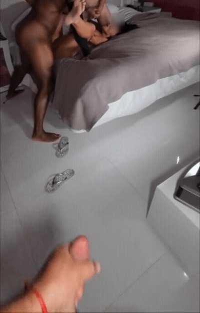 My husband jerking off watching as one bull cums all over my face and ane deep insdie me. Like a good husband he arranged these two for me