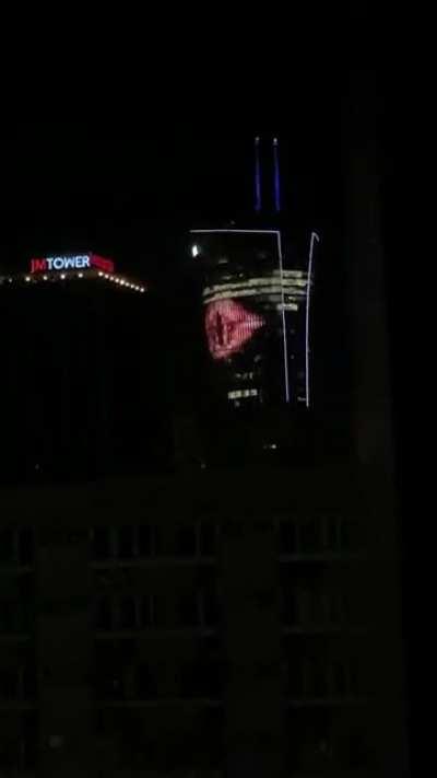 The Eye of Sauron being displayed on the Samsung building in Warsaw