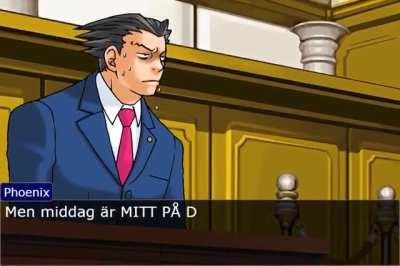 Phoenix Wright och gänget debatterar om när man äter middag.