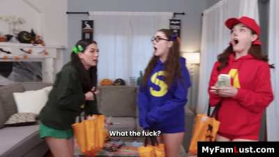 Three Step Siblings Share a Big Cock for Halloween!