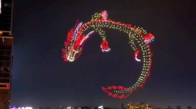1500 drones creating a dragon in the night sky.