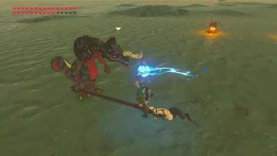 [BoTW] This is Jerry, my pet Lizalfos. I have been teaching Jerry how to play soccer with me. Look at him scoring his first goal! He is such a good boy!
