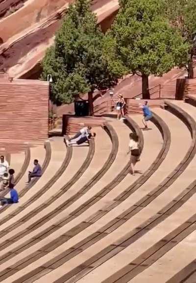 Woman running down steps without wiping out