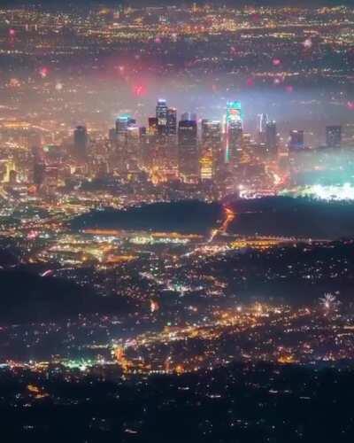 Fireworks illuminating the city of Los Angeles