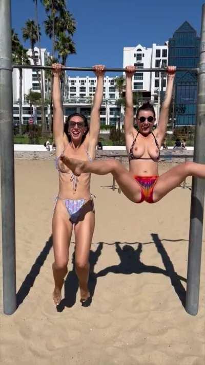 Flashing my sandy tits at Muscle Beach with my friend