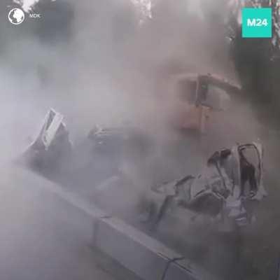 Truck crashes into five vehicles due to brake failure. 2 people died, 7 more were injured.