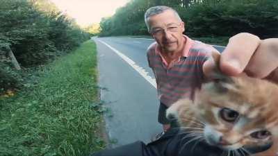 Biker saves kitten in the middle of a road