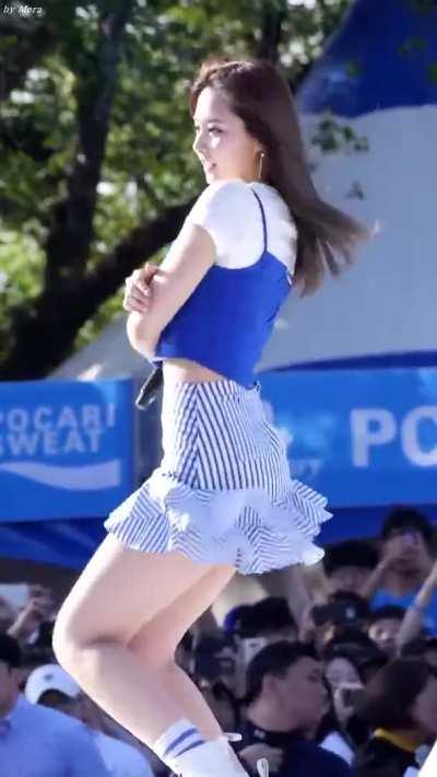 Tzuyu - blue & white checkered skirt, blue top, cheer up performance