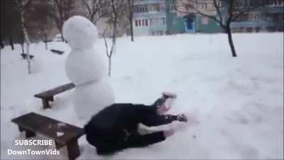 Epic fight between snowman and men
