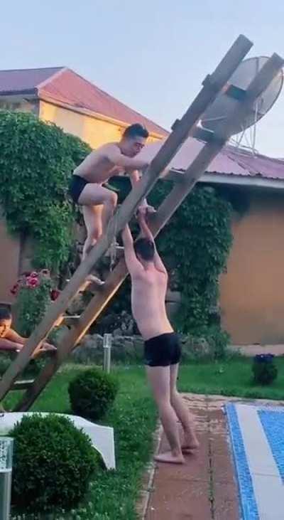 Pool plus ladder times 3 humans equals pain