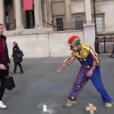 I wanna see him do it with clown shoes.