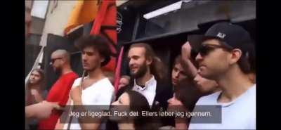 Vegan protesters prevent people from entering a McDonald’s in Denmark. Danish man needs his burger.