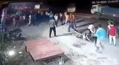 they come in a group to beat him but he knocked the main man out