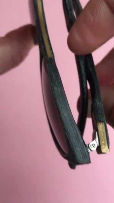 I infuse waste denim with resin and press the wet layers together until they dry. I then handcraft this material (like Micarta) into sunglasses with brass details. It takes 2 weeks. I’ve made hundreds of prototypes over 8 years to learn how to do it