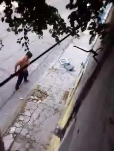 Dude relentlessly beats an old man before carrying off a yappy dog.