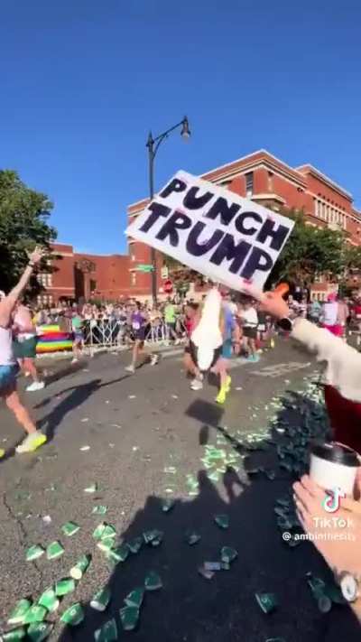 The participants of the Chicago marathon getting in an extra workout, courtesy of one Donald J. Trump