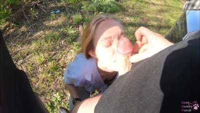 Outdoor Cumshot Facial While Her Friend Watches On, Rubbing Her Pussy