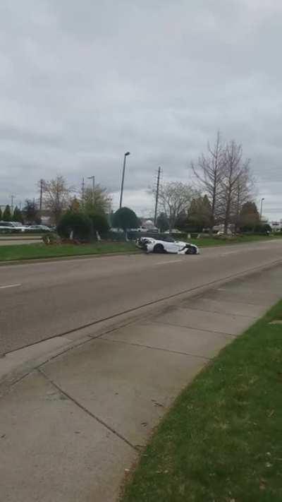 Sports car spins and crashes at Cars & Coffee