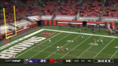 Baltimore Ravens safety Chuck Clark runs into the goalpost on Baker Mayfield's Hail Mary attempt