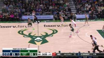 [Highlight] Giannis gets the steal on the Beal pass and then throws down the windmill in transition in just 1 dribble!