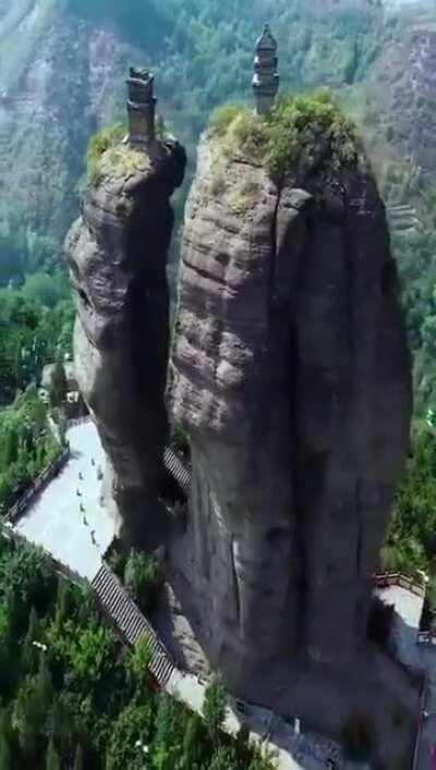 Two 1,000-year-old pagodas stand on Shuangta Mountains, in Chengde, China. Exactly how they were built and by whom remains a mystery.
