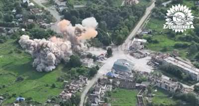 A Ukrainian Armed Forces aircraft carried out an airstrike using a guided aerial bomb on a building with Russian soldiers in the village of Tyotkino, Kursk region. May 2025.