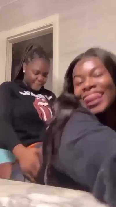 Lesbian girl humps her friend in the bathroom