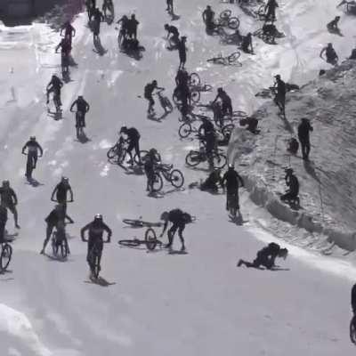 Biking down a ski hill