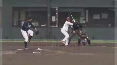 Chiba Lotte Marines bullpen scrambles to get away from Ryosuke Tatsumi's foulball.