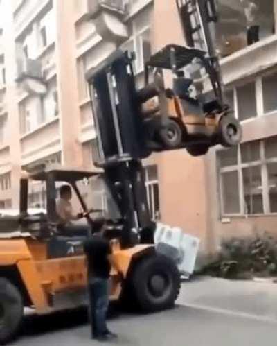 Forkforklift. 20+ higher lift than normal forklift. Contents may fall.