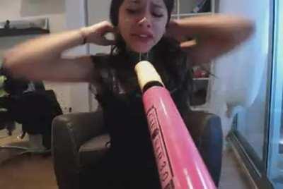 Brunette Gagging dildo