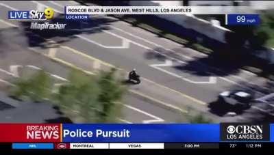 Los Angeles Motorcyclist in West Hills chased and tracked by LAPD drives at 100 mph and slams into a car and is sent flying all the way to heaven