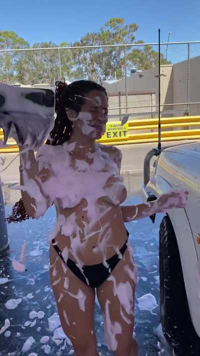 Having fun at the car wash