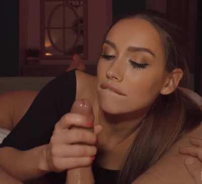 Her fast strokes and eye contact make him cum