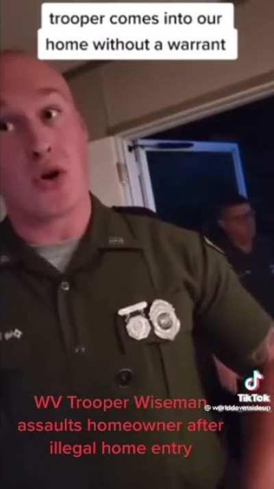 cop on a fucking power trip enters a house w no warrant, will not identify himself, and lies about having a recording device on his person.
