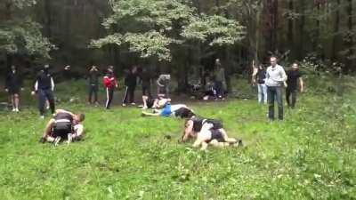 Fans of rival football clubs, CSKA Moscow and Spartak Moscow, head to the forest to settle their differences in a police-free environment