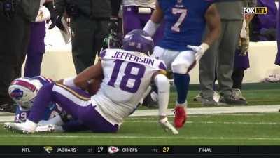 On 4th and 18 with the game on the line, Vikings receiver Justin Jefferson makes a leaping one-handed catch to prevent the interception, maintains control while going to the ground and gets the first down.