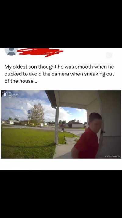 Kid hiding from the door cam when sneaking out