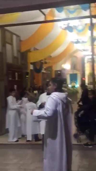 this Kid learns why running around the Church is a bad Idea
